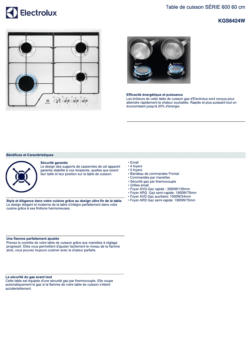 Page 1 de la notice Fiche technique Electrolux KGS6424W