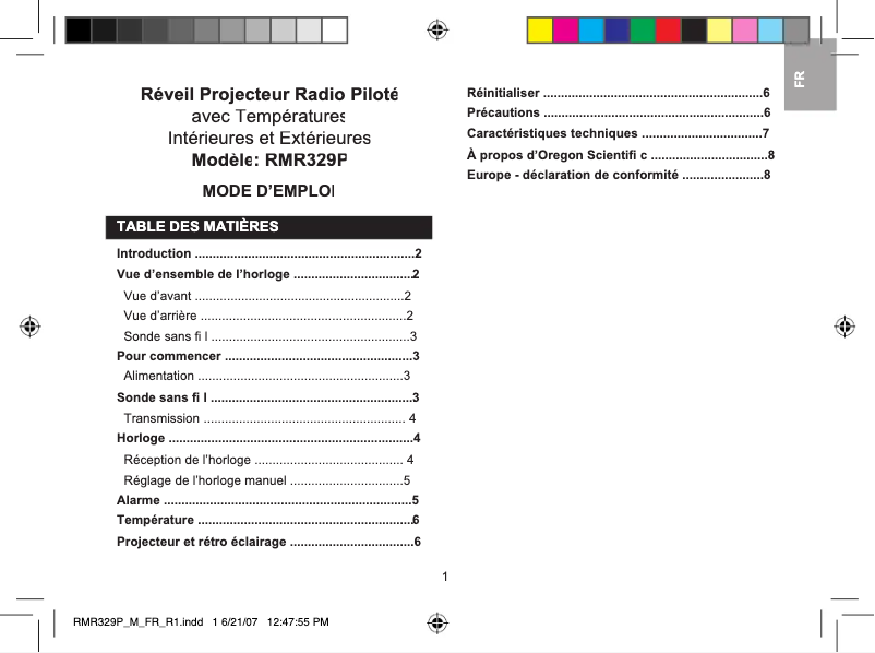 Page 1 de la notice Manuel utilisateur Oregon Scientific RMR329P