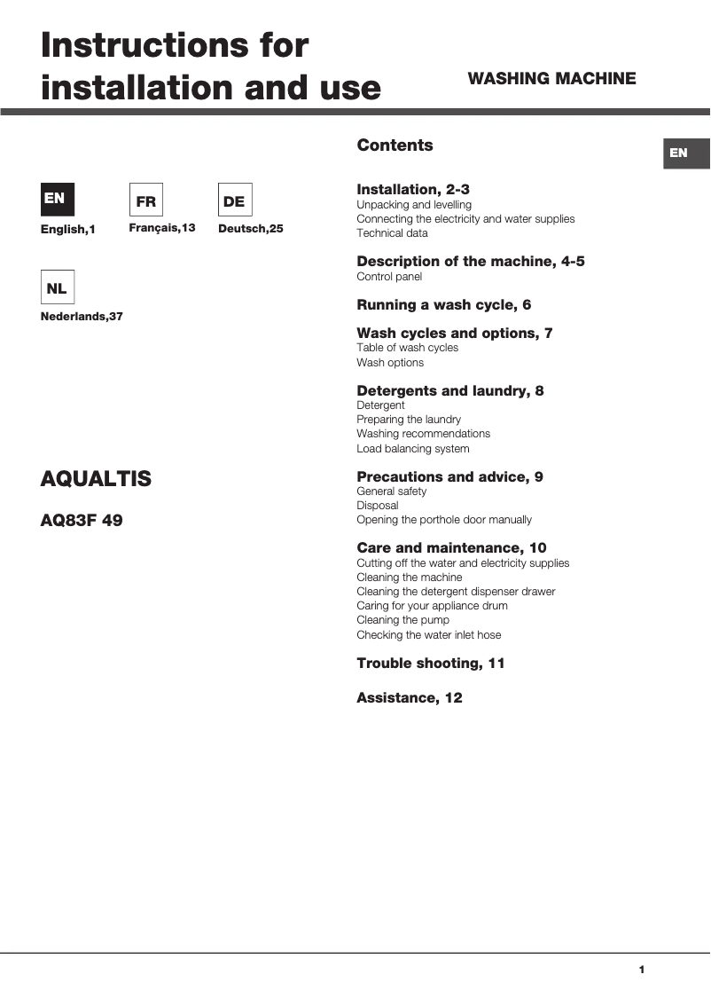 Page 1 de la notice Manuel utilisateur Hotpoint Aqualtis AQ83F 497