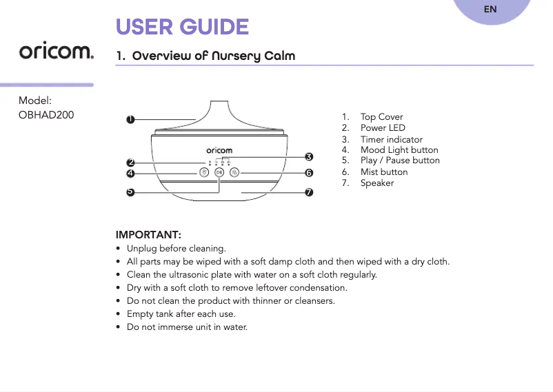 Page 1 de la notice Manuel utilisateur Oricom OBHAD200