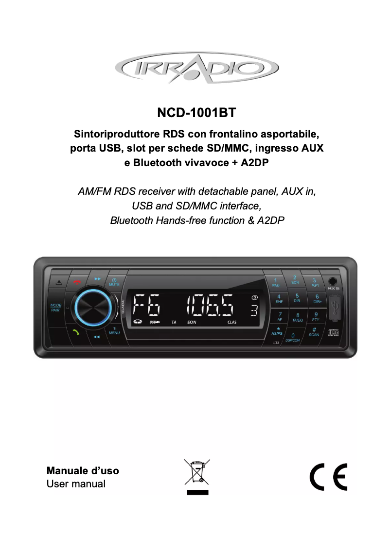Page 1 de la notice Manuel utilisateur Irradio NCD-1001BT
