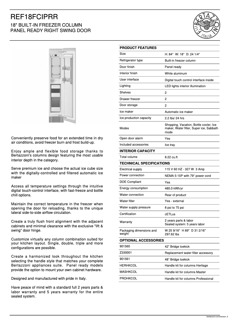 Page 1 de la notice Fiche technique Bertazzoni REF18FCIPRR
