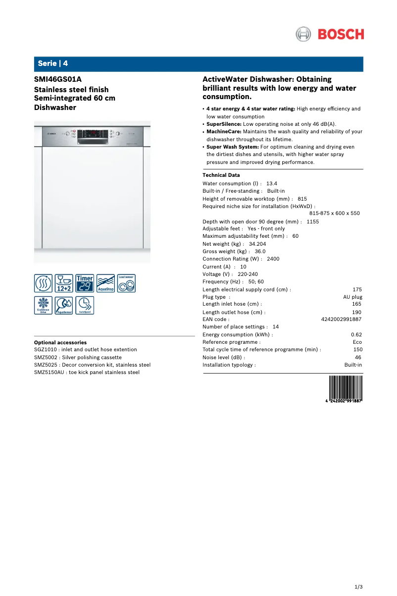 Página 1 del manual Ficha técnica Bosch SMI46GS01A
