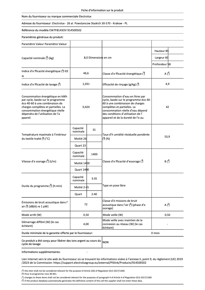 Page n°1 - Fiche technique Electrolux EW7F8143OV