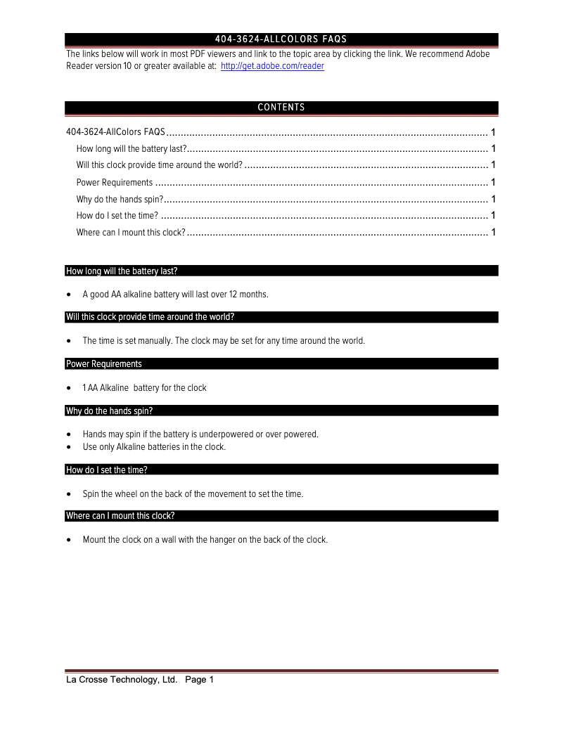 Page 1 de la notice FAQ La Crosse Technology 404-3624M
