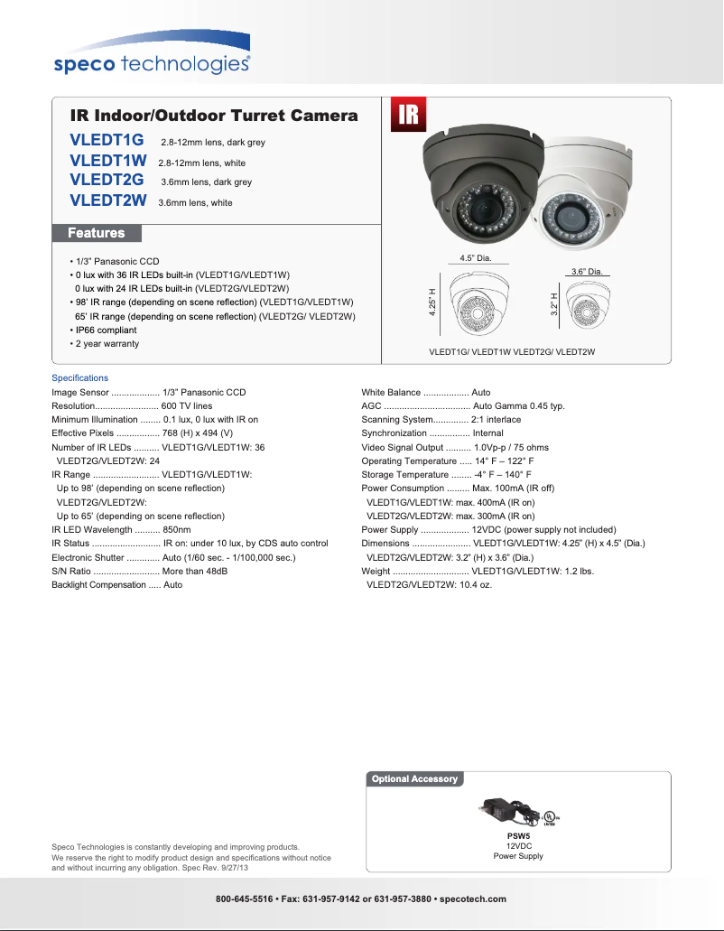 Page 1 de la notice Manuel utilisateur Speco Technologies VLEDT2G