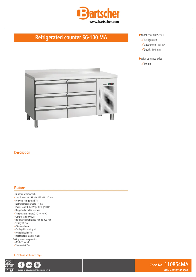 Page n°1 - Fiche technique Bartscher S6-100