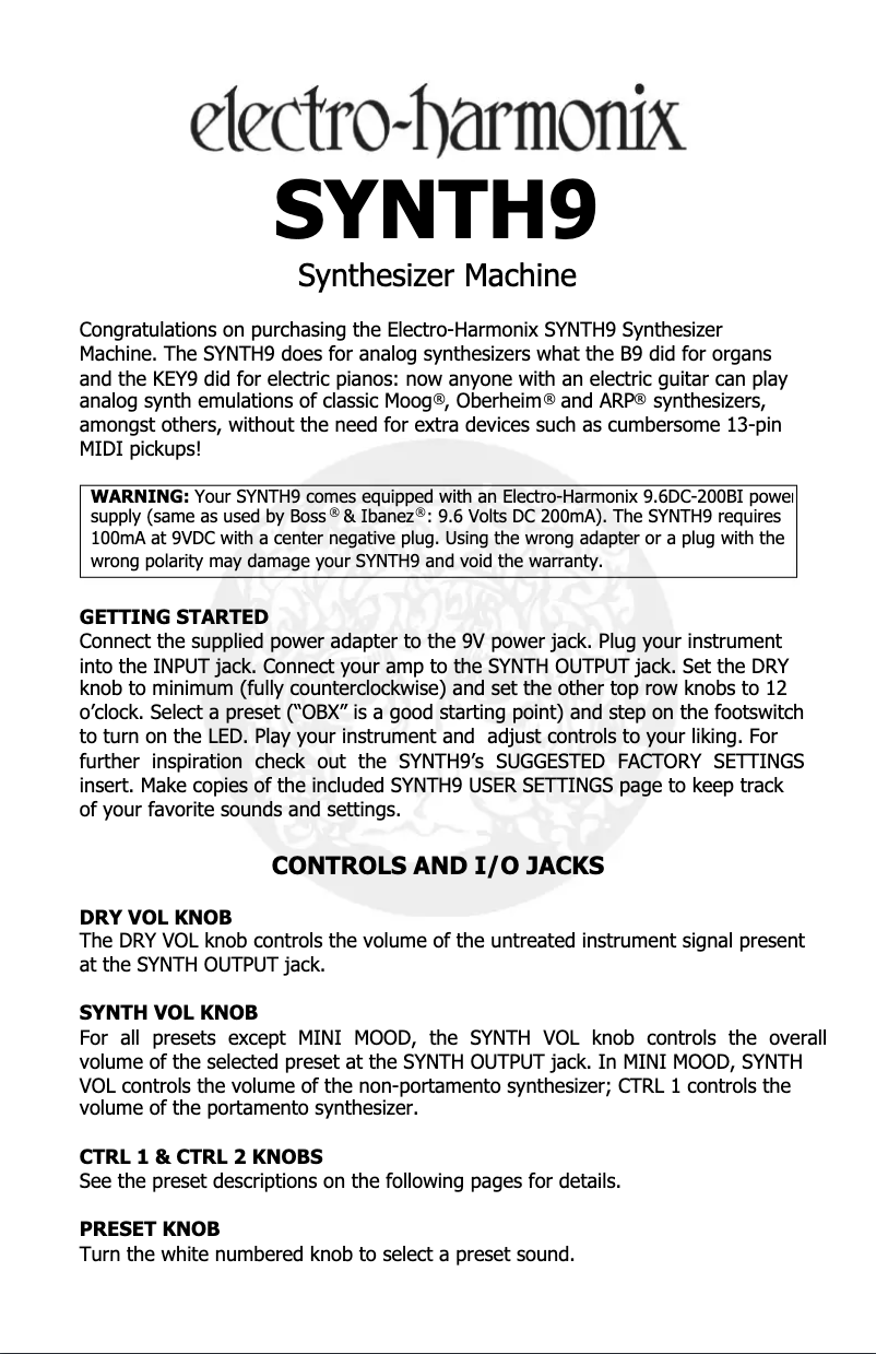 Page n°1 - Manuel utilisateur Electro Harmonix Synth9