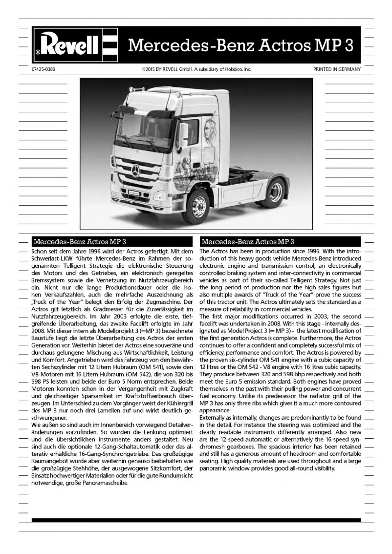 Page 1 de la notice Manuel utilisateur Revell Mercedes-Benz Actros MP3