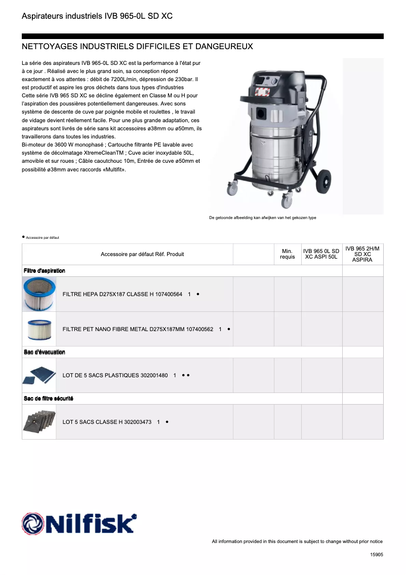 Page n°1 - Fiche technique Nilfisk IVB 965-2H/M SD XC