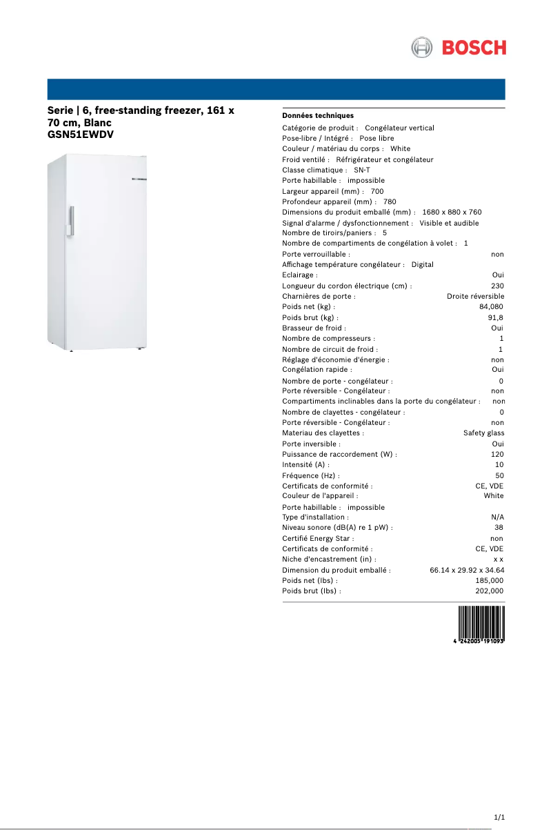 Page 1 de la notice Fiche technique Bosch GSN51EWDV