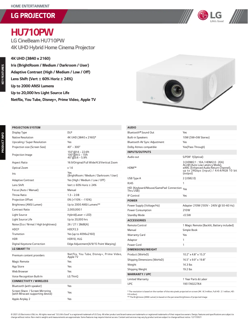 Page n°1 - Fiche technique LG CineBeam HU710PW