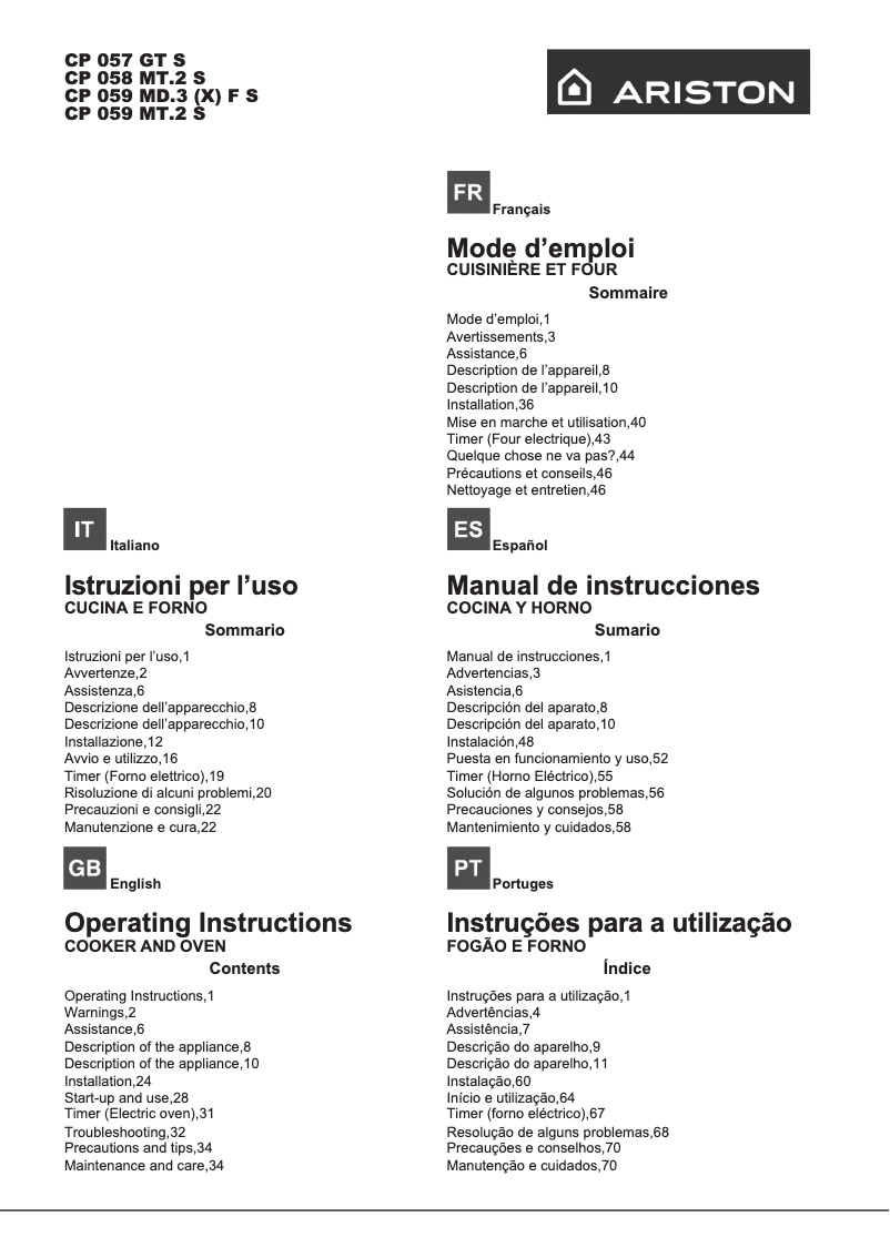 Page 1 de la notice Manuel utilisateur Ariston Thermo CP 058 MT.2 S