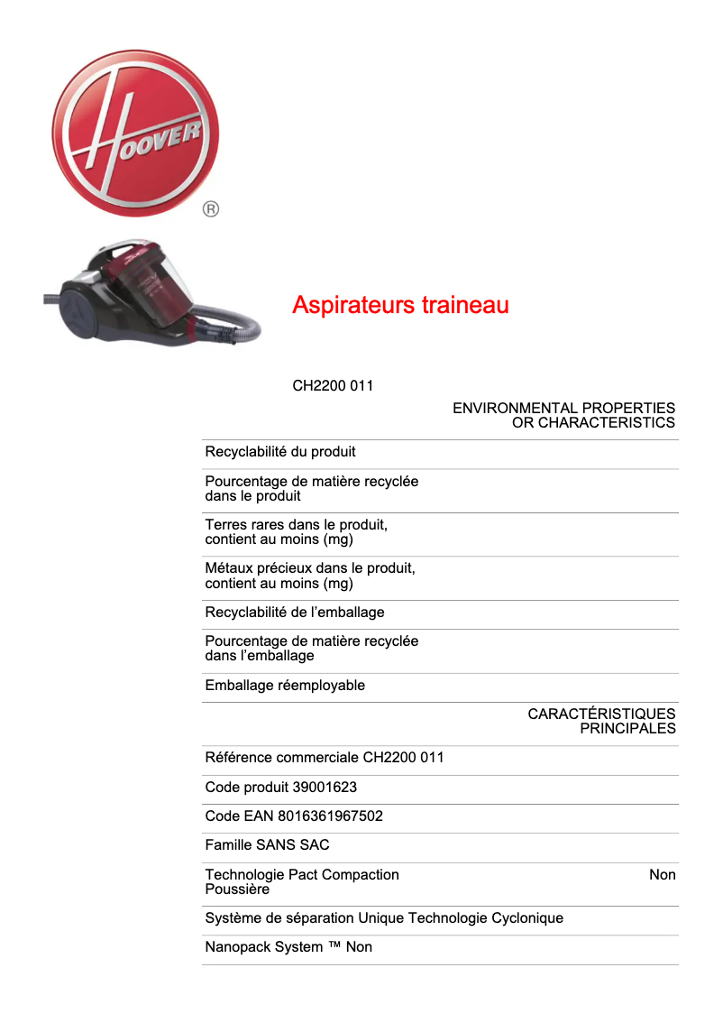 Page n°1 - Fiche technique Hoover CH2200 011