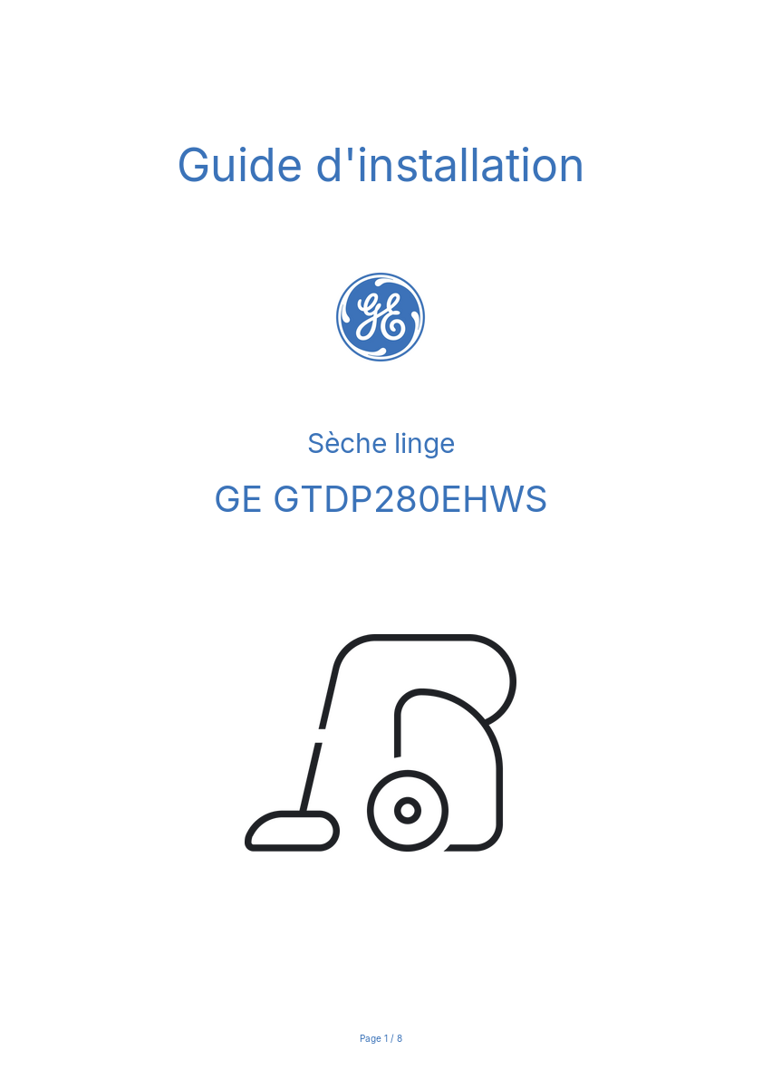 Page n°1 - Guide d'installation GE GTDP280EHWS