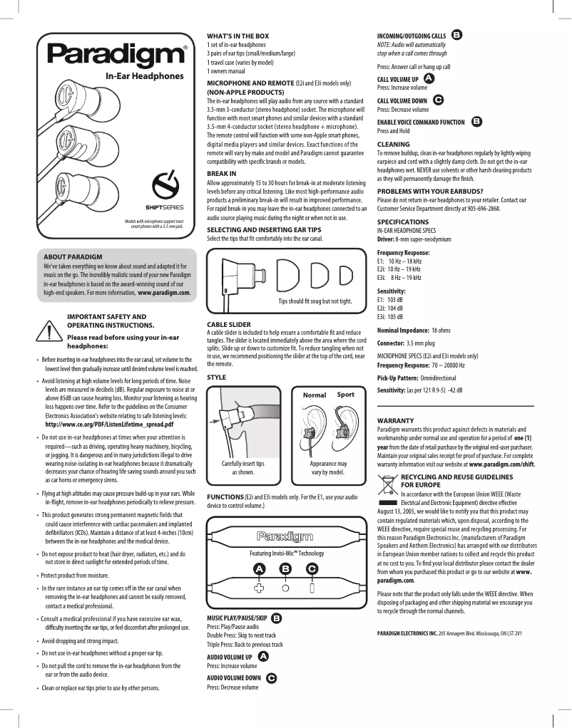Page n°1 - Manuel utilisateur Paradigm Shift e2i