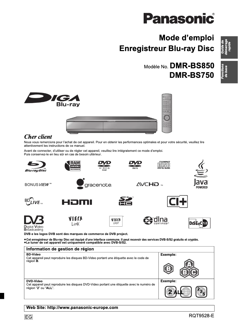 Page 1 de la notice Manuel utilisateur Panasonic DMR-BS750