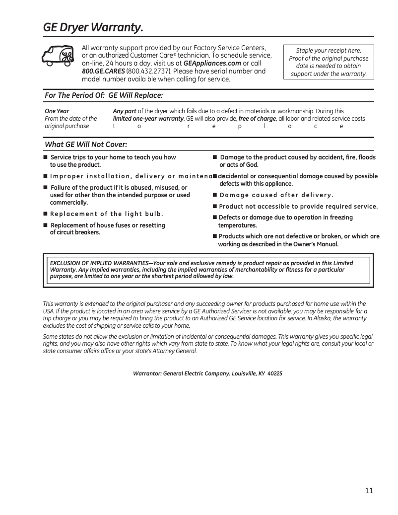 Page 1 de la notice Informations de garantie GE GTD33EASKWW