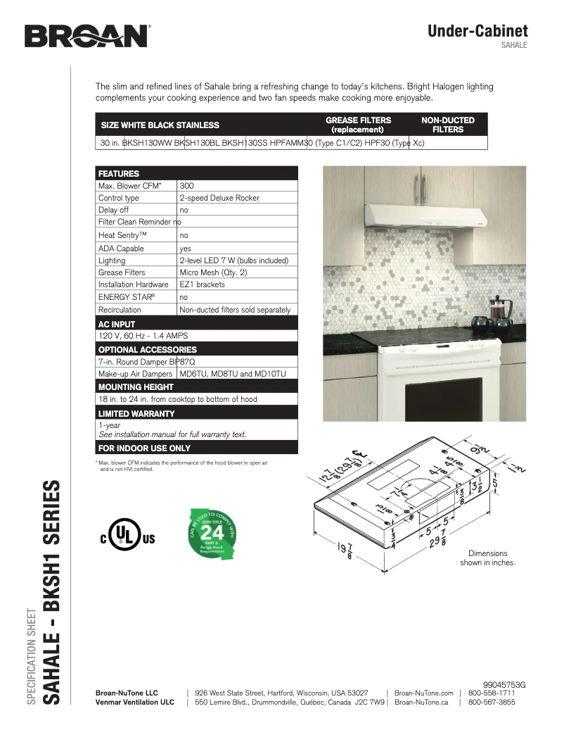 Page n°1 - Fiche technique Broan BKSH130SS