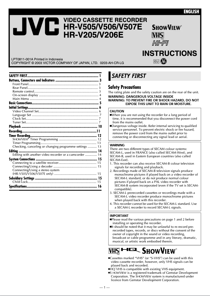 Page 1 de la notice Manuel utilisateur JVC HR-V205