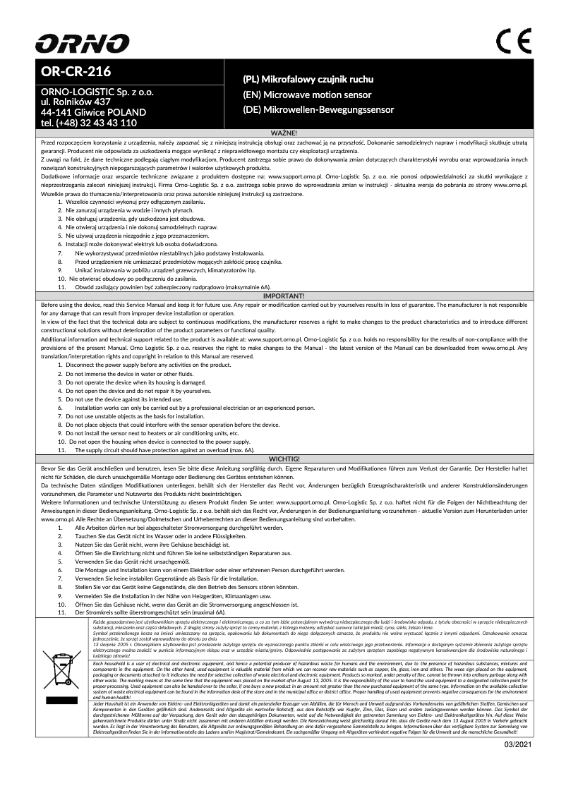 Image de la première page du manuel de l'appareil OR-CR-216