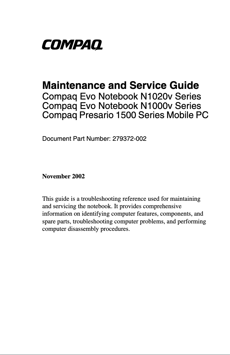 Page 1 de la notice Manuel utilisateur HP Evo N1020v
