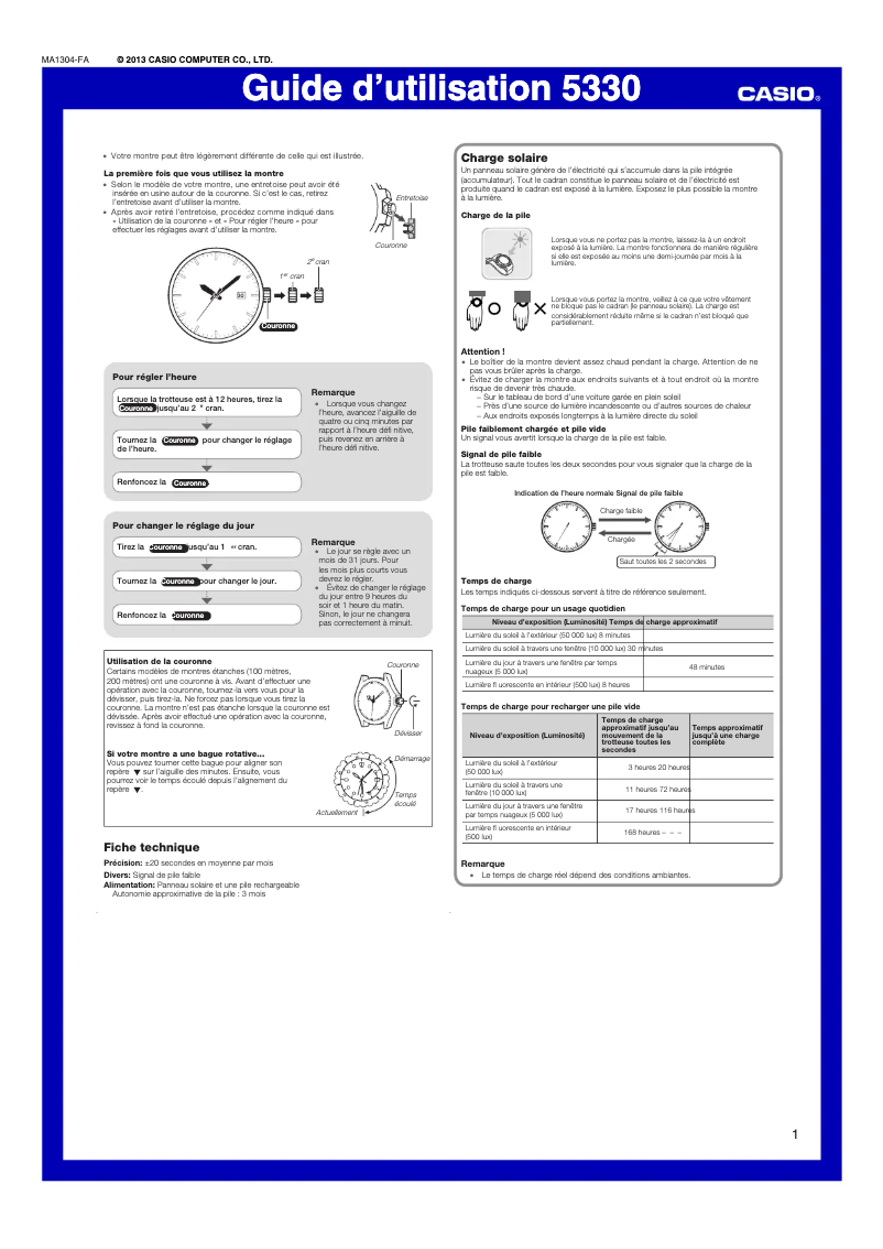 Page 1 de la notice Manuel utilisateur Casio MRW-S300H-1BVEF