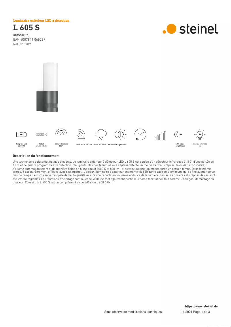 Page 1 de la notice Fiche technique Steinel L 605 S