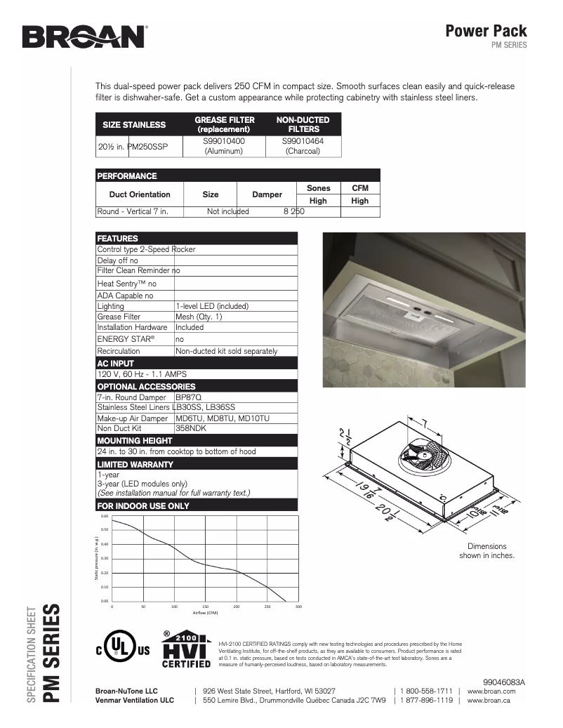 Page 1 de la notice Fiche technique Broan PM250SSP