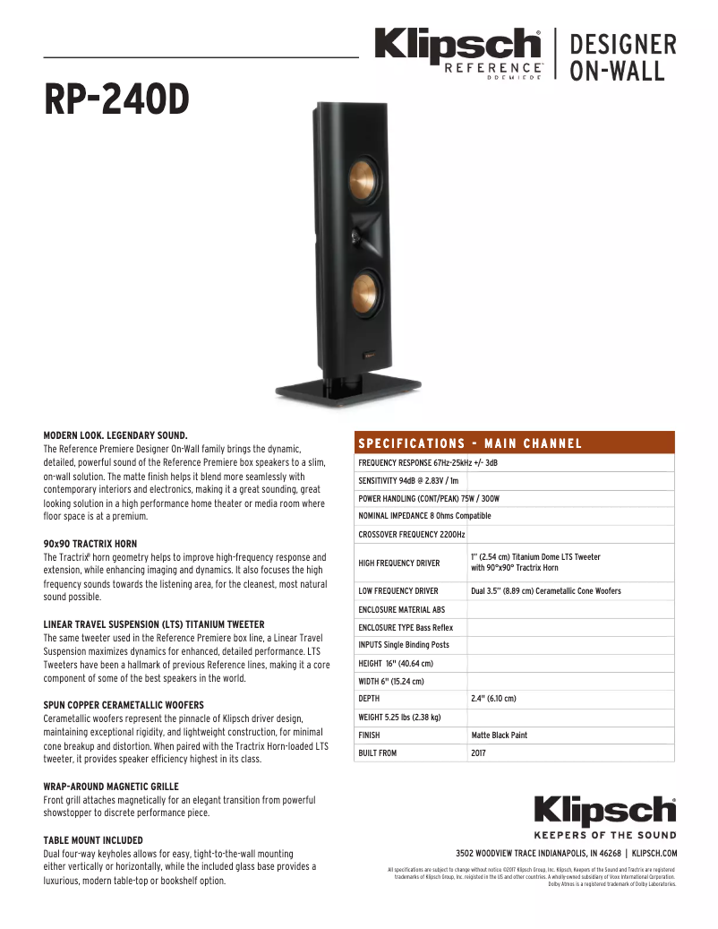 Page n°1 - Fiche technique Klipsch Reference Premiere RP-240D