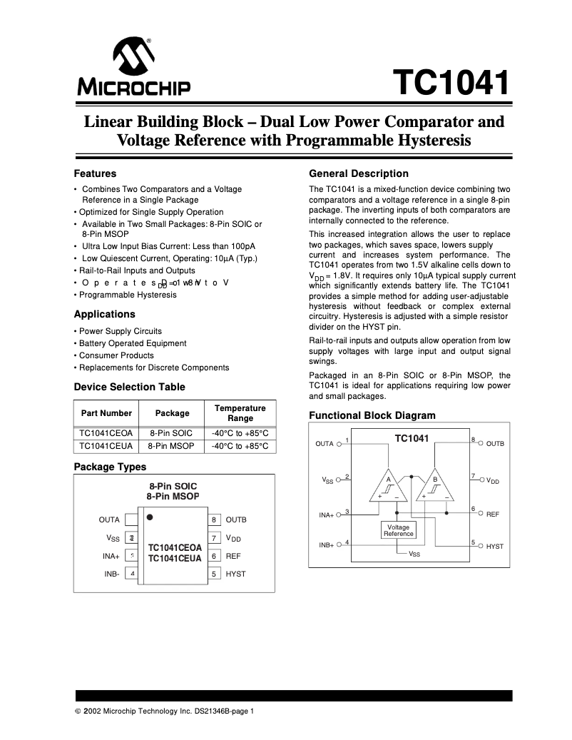 Page 1 de la notice Fiche technique Microchip TC1041