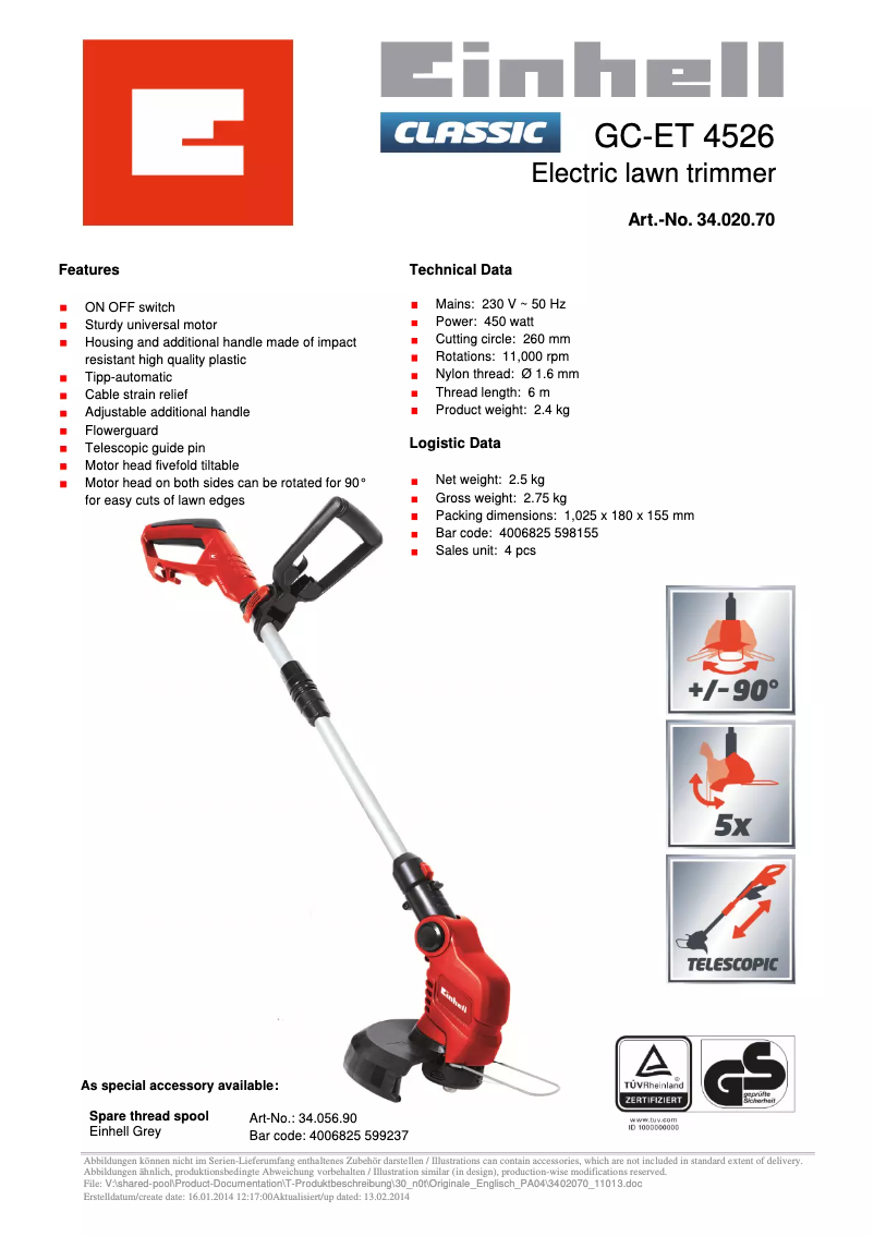 Page n°1 - Fiche technique Einhell GC-ET 4526