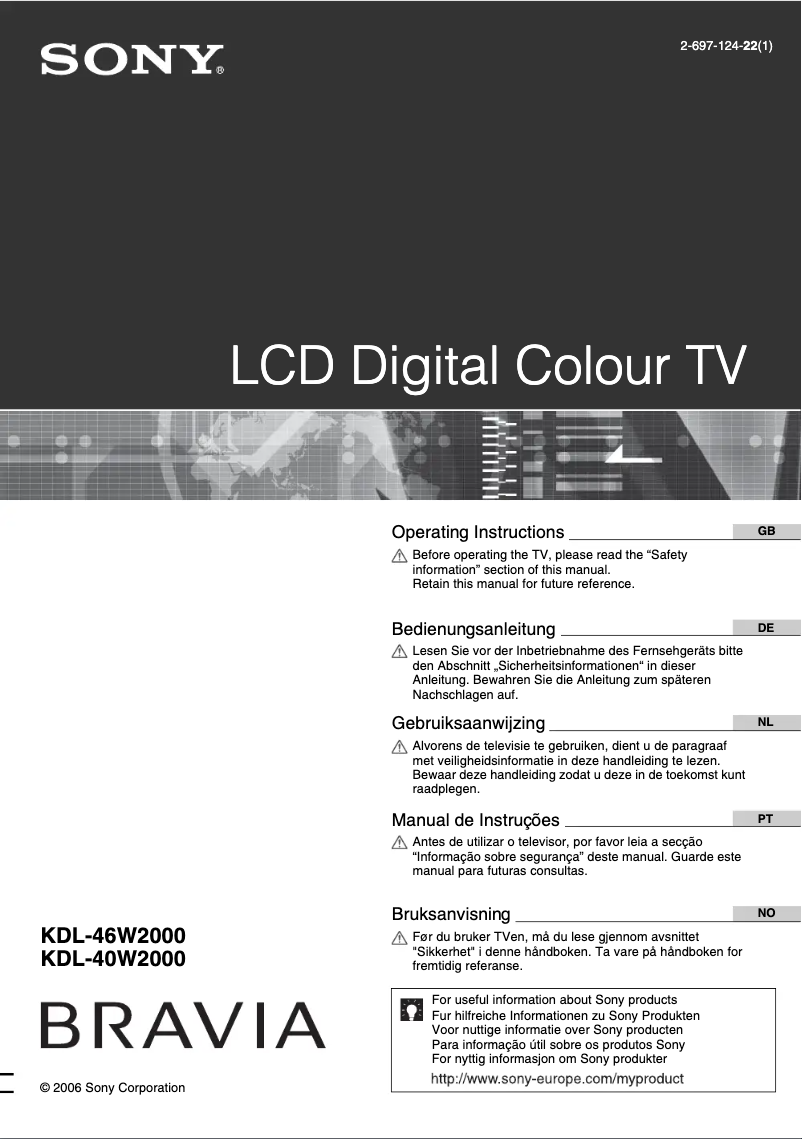 Page 1 de la notice Manuel utilisateur Sony Bravia KDL-46W2000