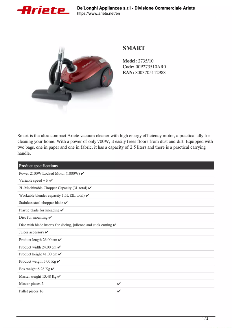 Page 1 de la notice Fiche technique Ariete Smart 2735