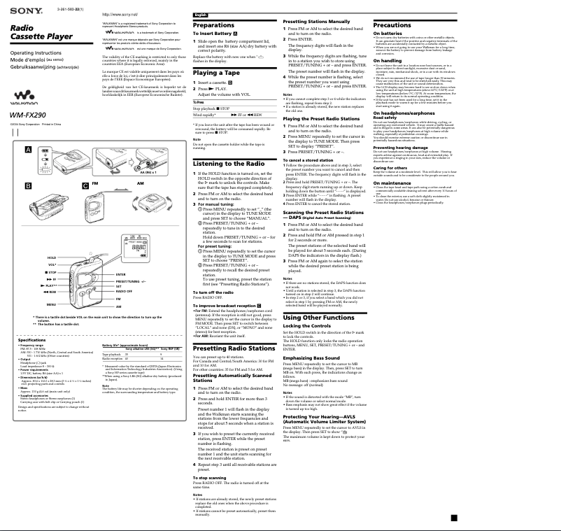 Page 1 de la notice Manuel utilisateur Sony Walkman WM-FX290
