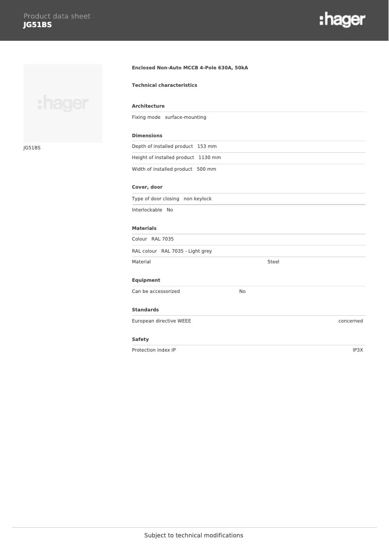 Page 1 de la notice Fiche technique Hager JG51BS