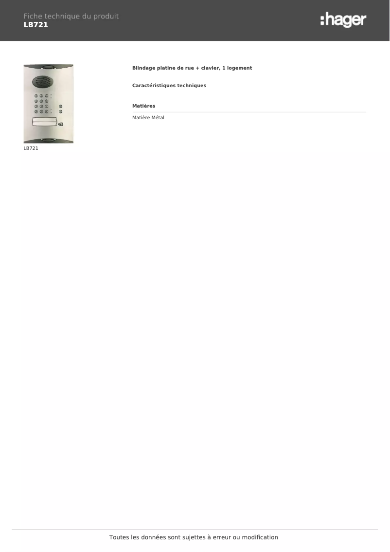 Page 1 de la notice Fiche technique Hager LB721
