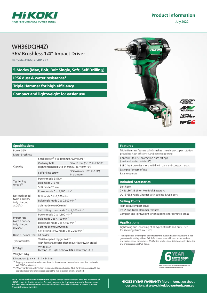 Page n°1 - Fiche technique HiKOKI WH 36DC