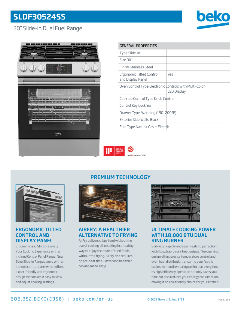 Page 1 de la notice Fiche technique Beko SLDF30524SS