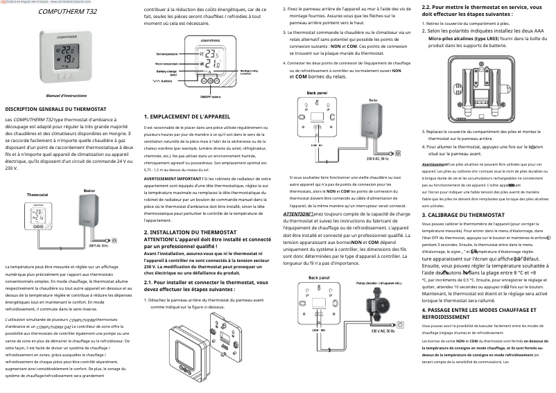 Page 1 de la notice Manuel utilisateur Computherm T32