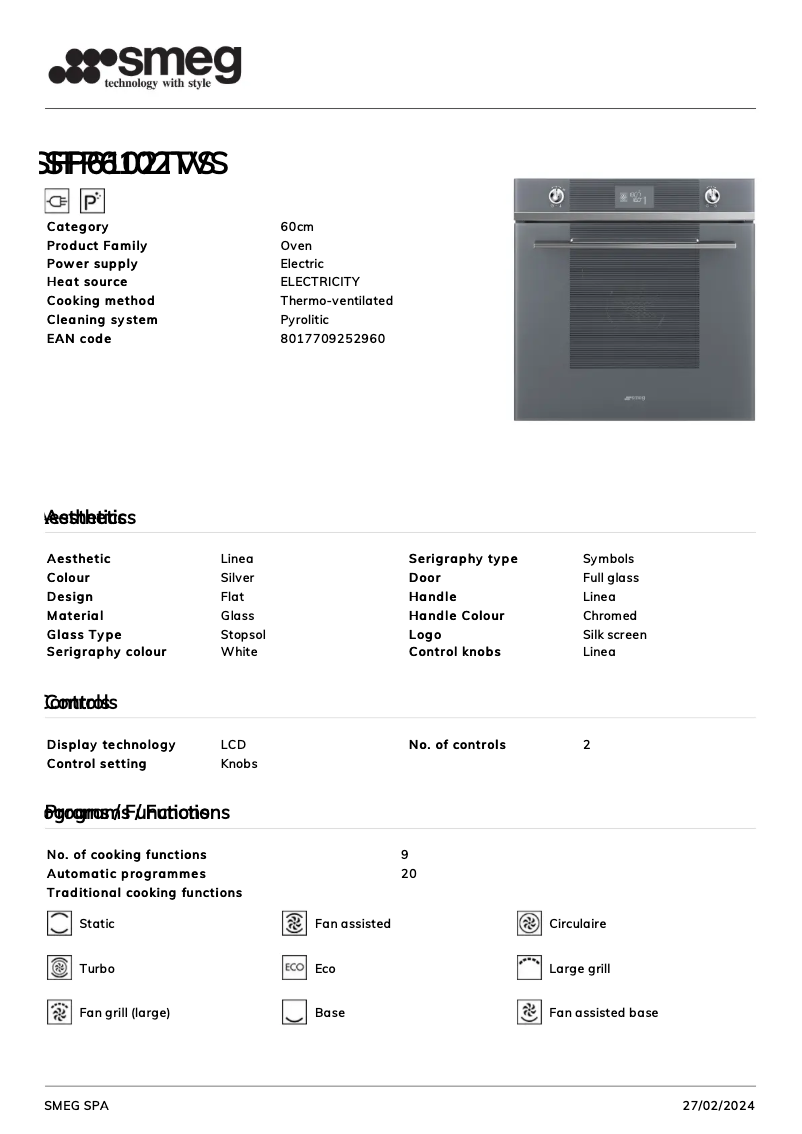 Page 1 de la notice Fiche technique Smeg SFP6102TVS