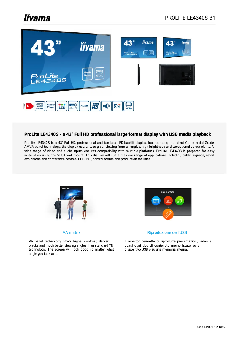 Page 1 de la notice Fiche technique Iiyama ProLite LE4340S