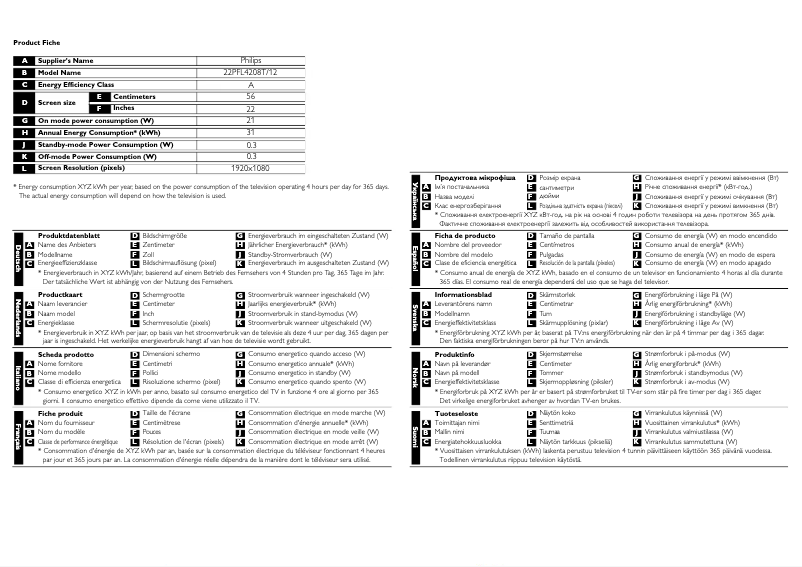 Page n°1 - Fiche technique Philips 22PFL4208T