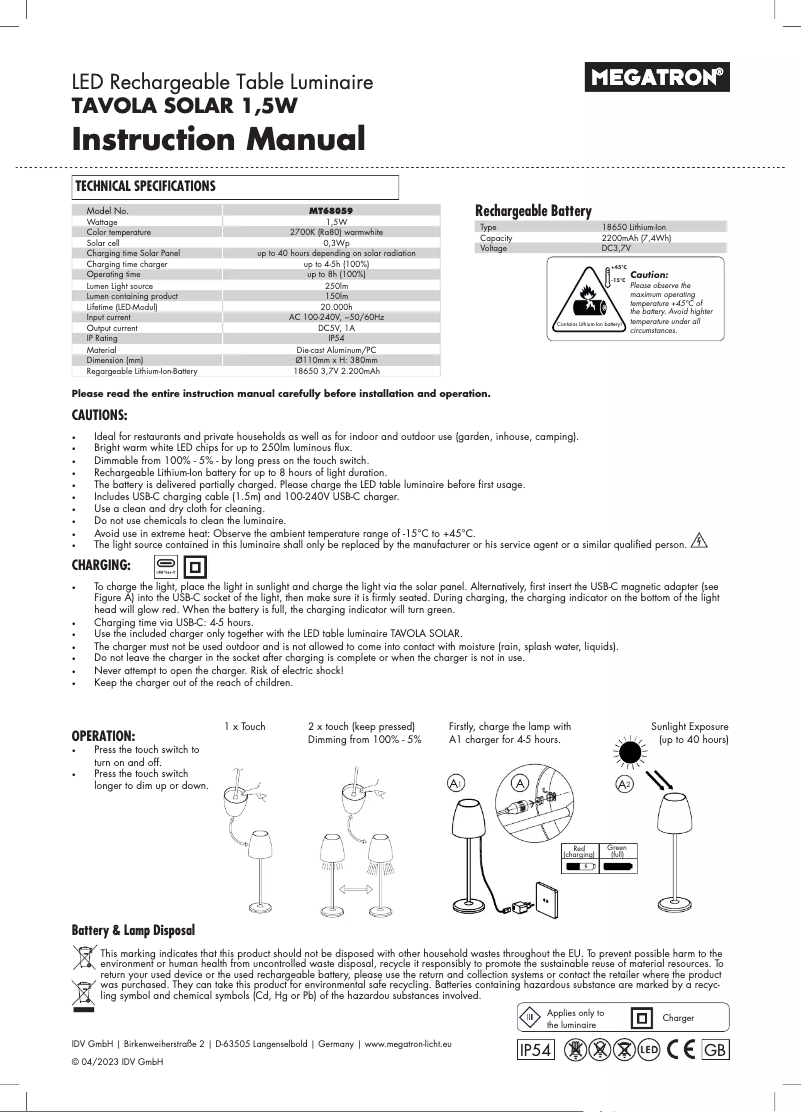 Image de la première page du manuel de l'appareil TAVOLA Solar