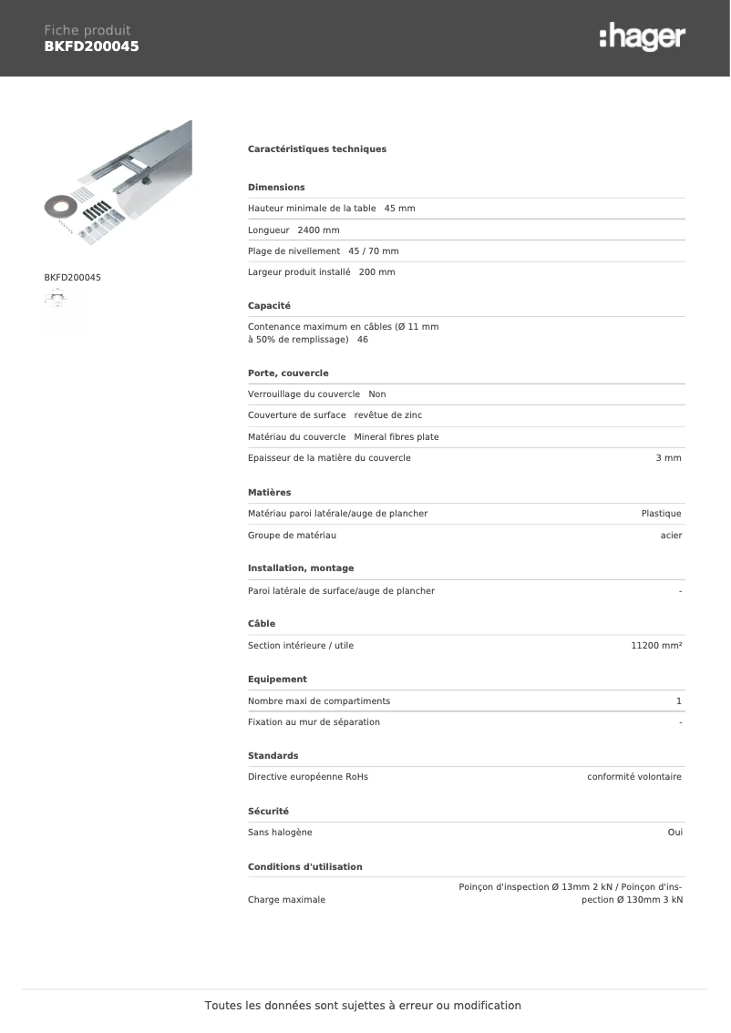 Página 1 del manual Ficha técnica Hager BKFD200045