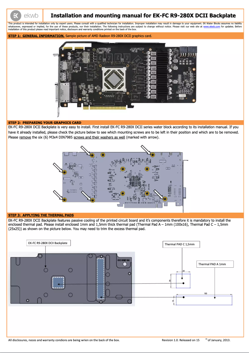 Page 1 de la notice Manuel utilisateur EK Water Blocks EK-FC R9-280X DCII
