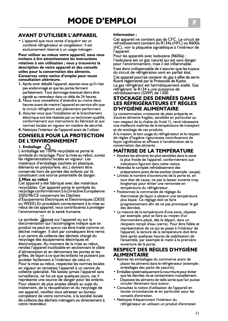 Page 1 de la notice Manuel utilisateur Whirlpool ARC 5554/2