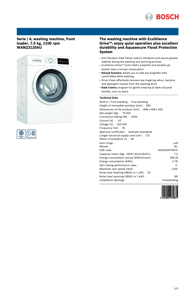 Page n°1 - Fiche technique Bosch WAN22120AU