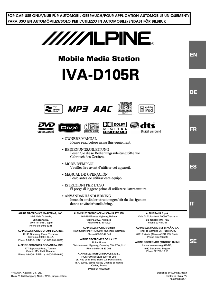 Page 1 de la notice Manuel utilisateur Alpine IVA-D105R