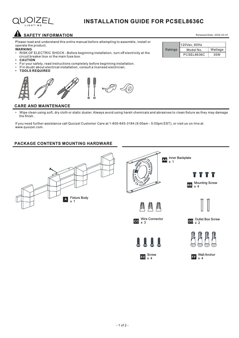 Page n°1 - Manuel utilisateur Quoizel Selena PCSEL8636C